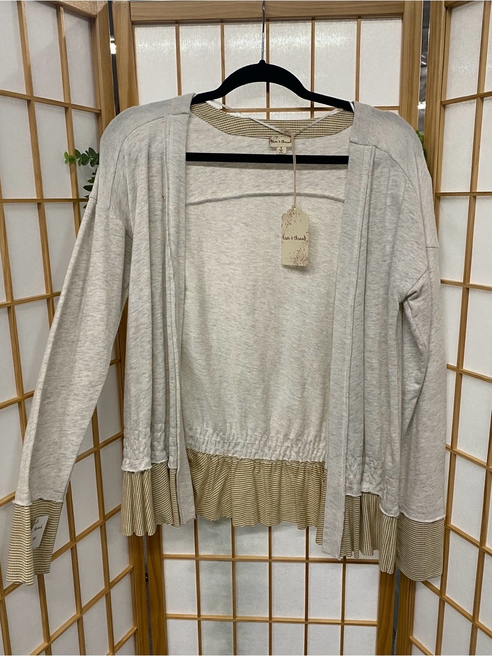 Hem & Thread Light Heather Gray Open Cardigan with Striped Trim